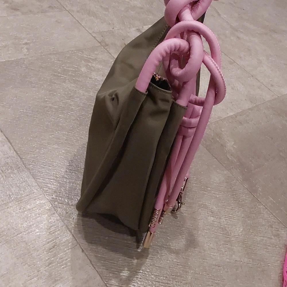 NWT GANNI Knot Hobo Bag in a kalamata green color contrasting pink Knot handle - Picture 9 of 13